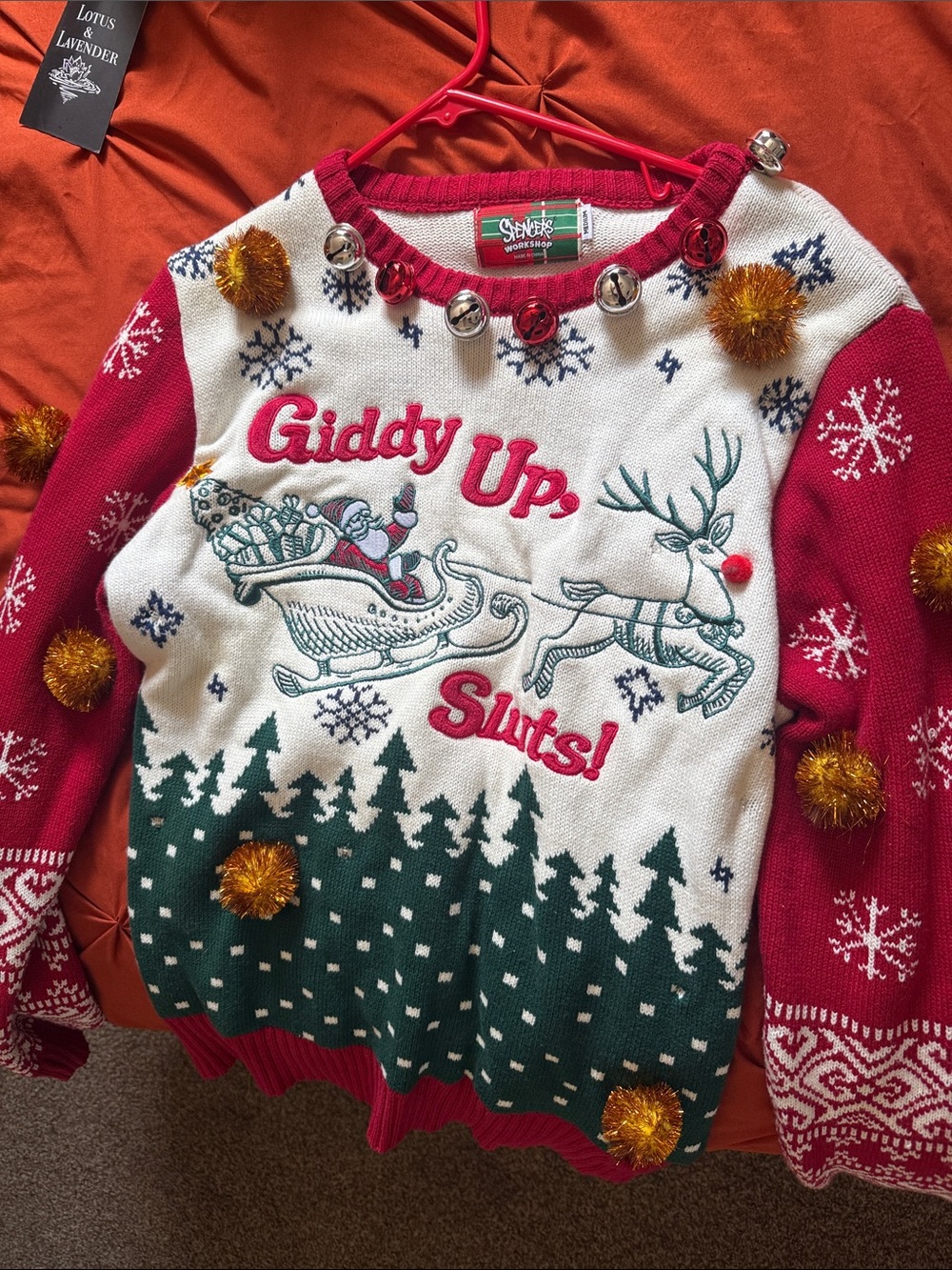 Spencer's Red, Green & White Holiday Sweater with Jingle Bells